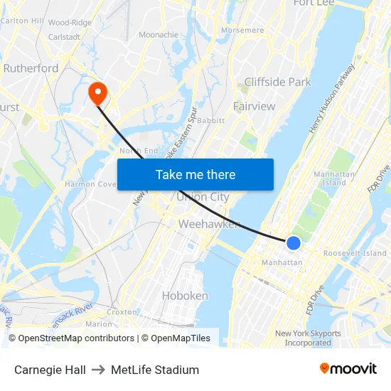 Carnegie Hall to MetLife Stadium map