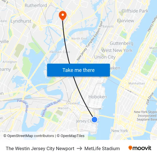 The Westin Jersey City Newport to MetLife Stadium map
