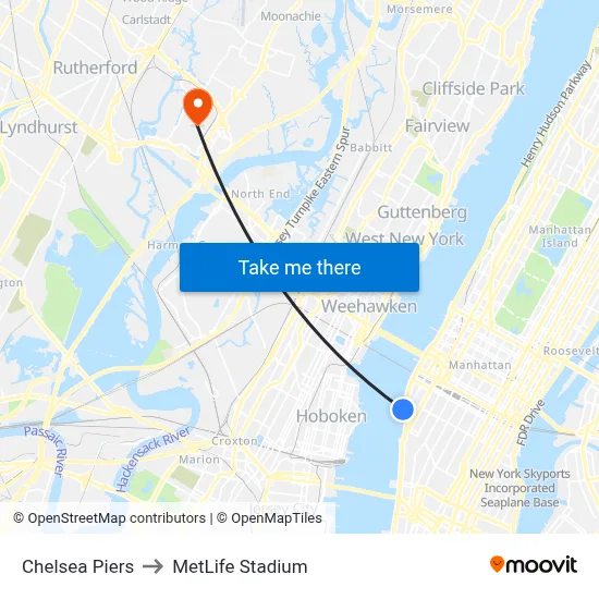Chelsea Piers to MetLife Stadium map