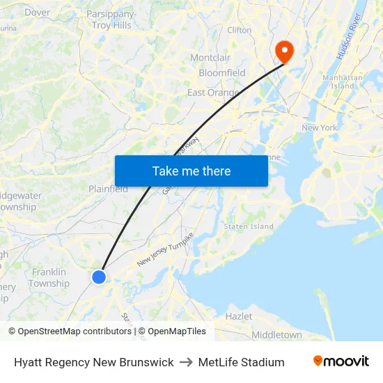 Hyatt Regency New Brunswick to MetLife Stadium map