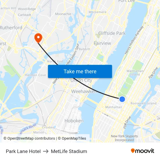 Park Lane Hotel to MetLife Stadium map