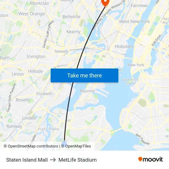 Staten Island Mall to MetLife Stadium map