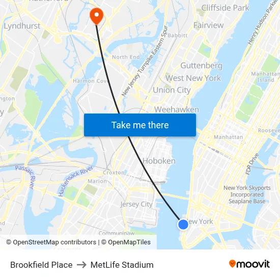 Brookfield Place to MetLife Stadium map