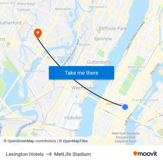Lexington Hotels to MetLife Stadium map