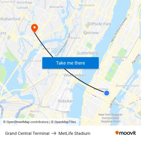 Grand Central Terminal to MetLife Stadium map