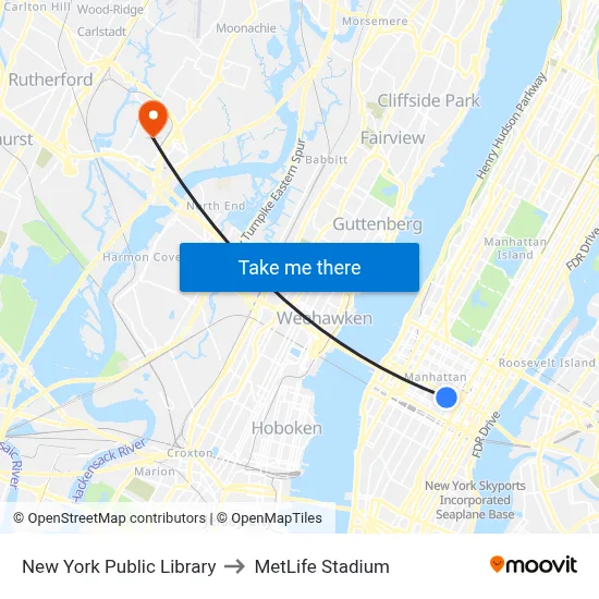 New York Public Library to MetLife Stadium map