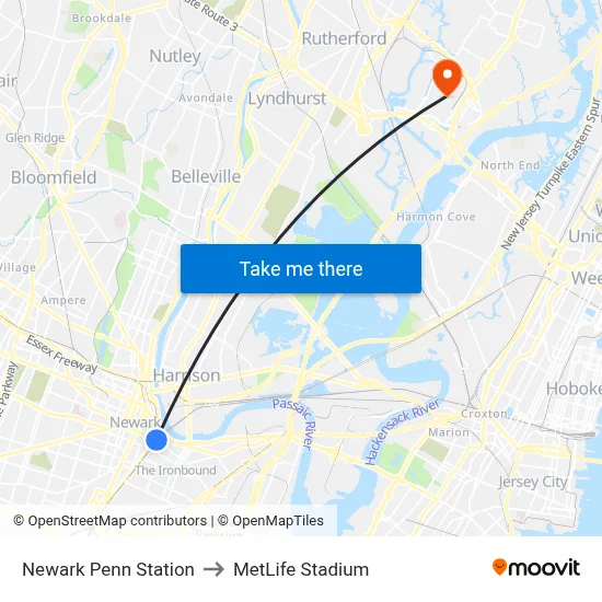 Newark Penn Station to MetLife Stadium map
