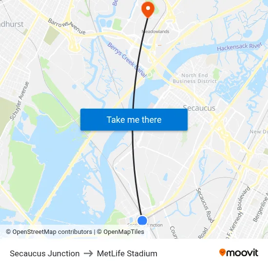 Secaucus Junction to MetLife Stadium map