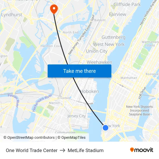 One World Trade Center to MetLife Stadium map