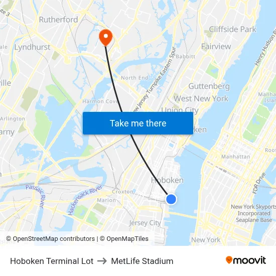 Hoboken Terminal Lot to MetLife Stadium map