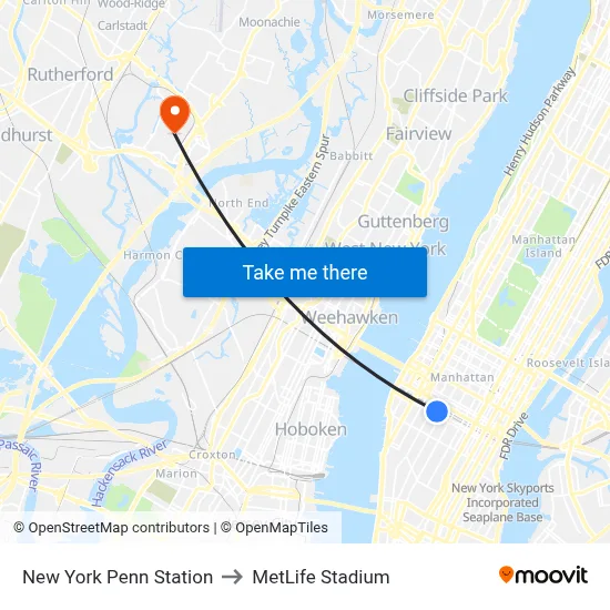 New York Penn Station to MetLife Stadium map
