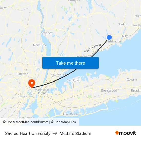 Sacred Heart University to MetLife Stadium map