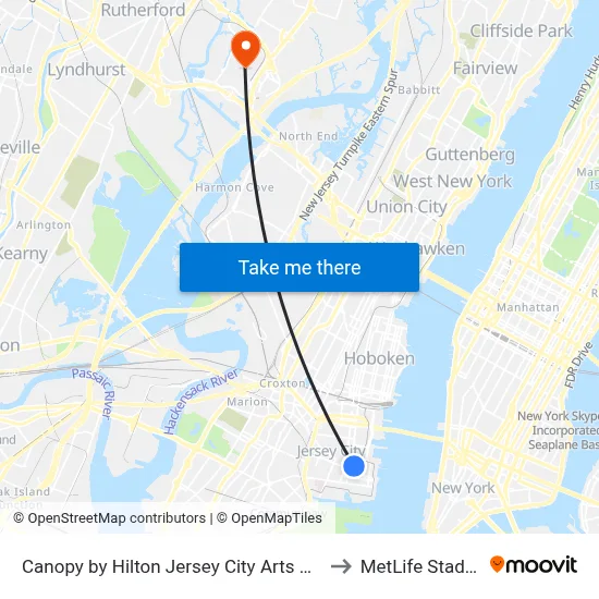 Canopy by Hilton Jersey City Arts District to MetLife Stadium map