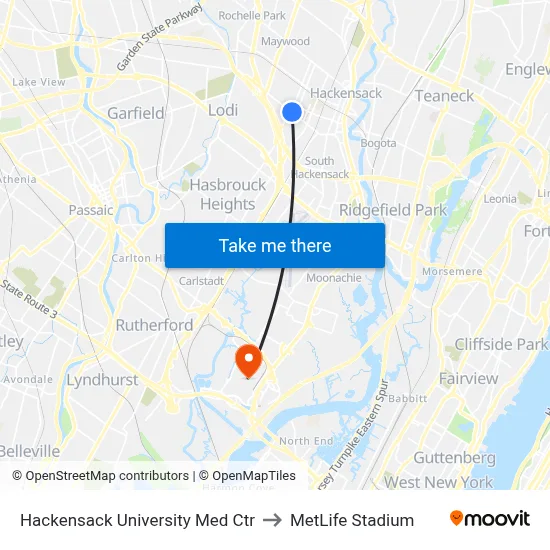Hackensack University Med Ctr to MetLife Stadium map