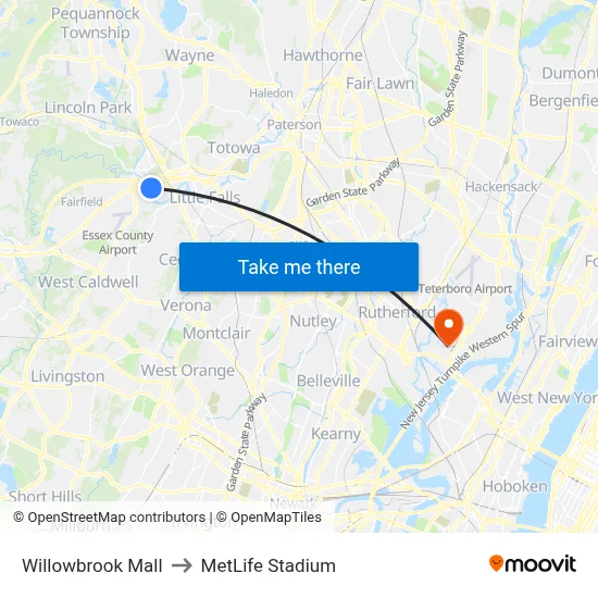 Willowbrook Mall to MetLife Stadium map