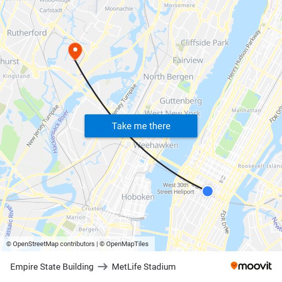 Empire State Building to MetLife Stadium map