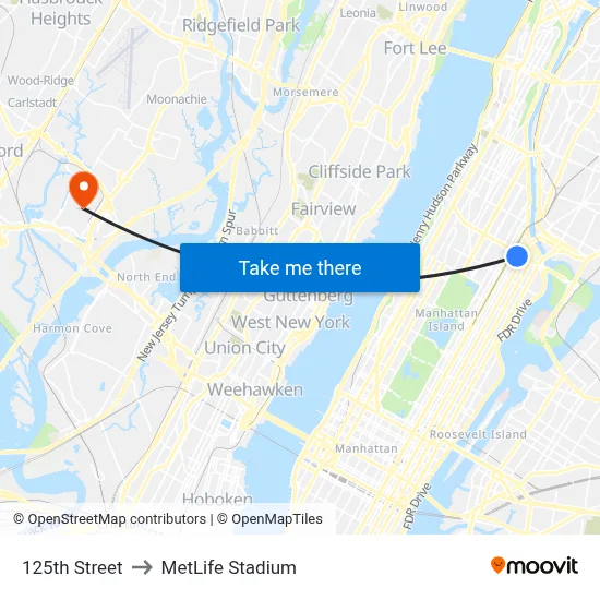 125th Street to MetLife Stadium map