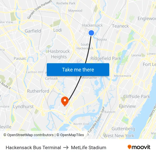 Hackensack Bus Terminal to MetLife Stadium map