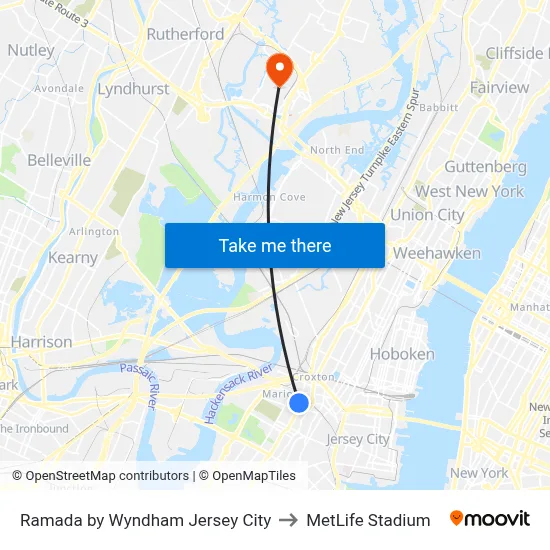 Ramada by Wyndham Jersey City to MetLife Stadium map