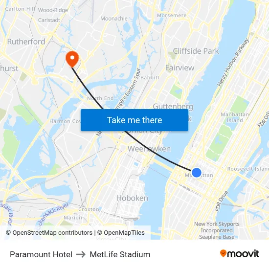 Paramount Hotel to MetLife Stadium map