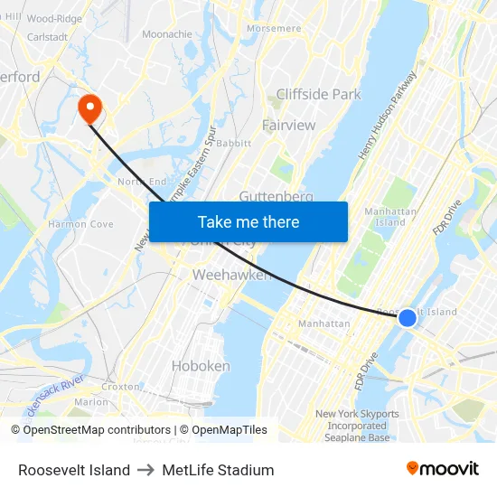 Roosevelt Island to MetLife Stadium map