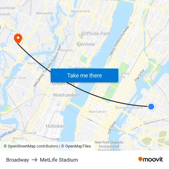 Broadway to MetLife Stadium map
