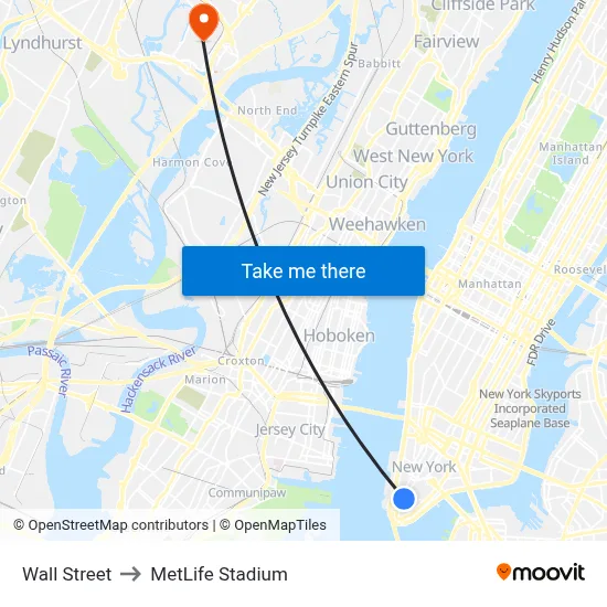 Wall Street to MetLife Stadium map