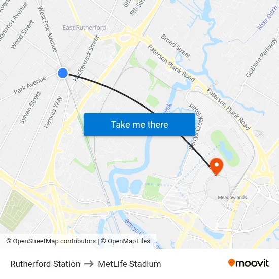 Rutherford Station to MetLife Stadium map