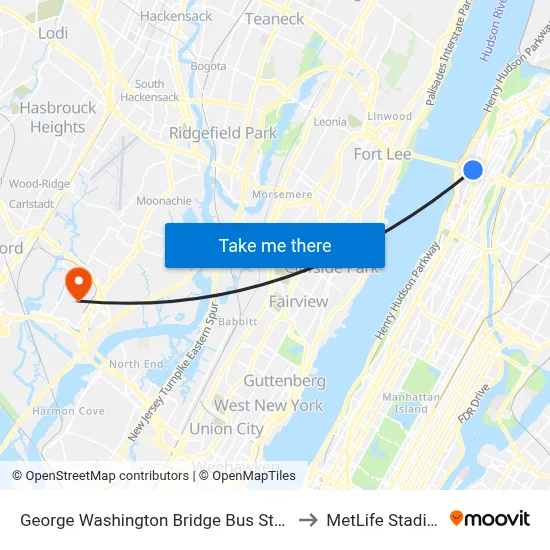 George Washington Bridge Bus Station to MetLife Stadium map