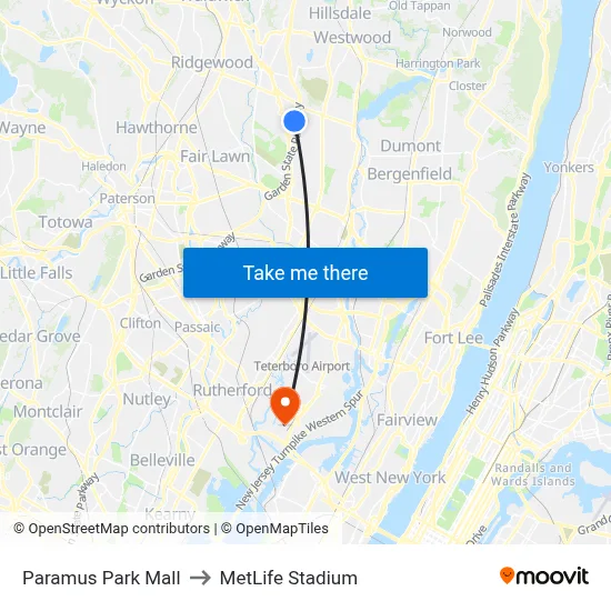 Paramus Park Mall to MetLife Stadium map