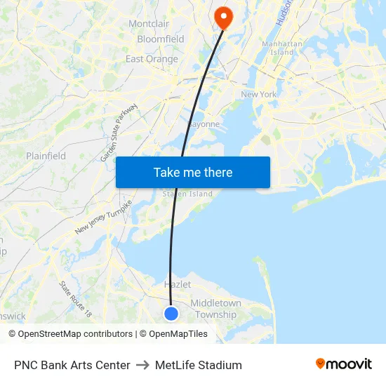 PNC Bank Arts Center to MetLife Stadium map