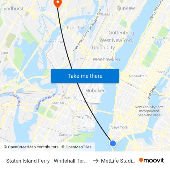 Staten Island Ferry - Whitehall Terminal to MetLife Stadium map