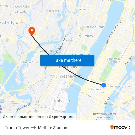 Trump Tower to MetLife Stadium map