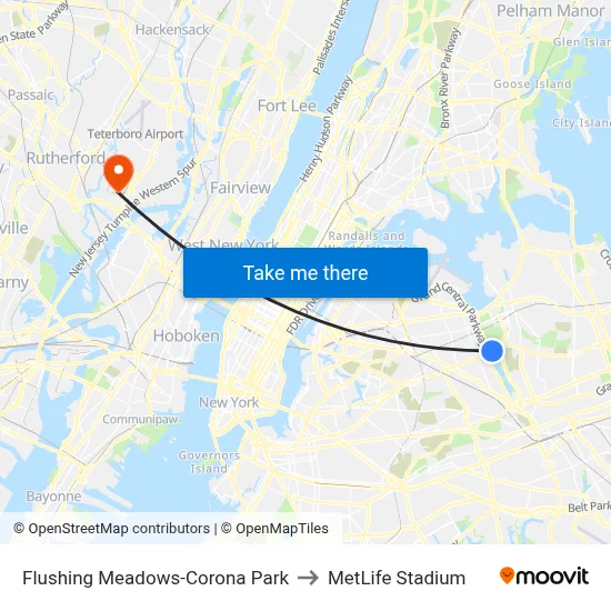 Flushing Meadows-Corona Park to MetLife Stadium map