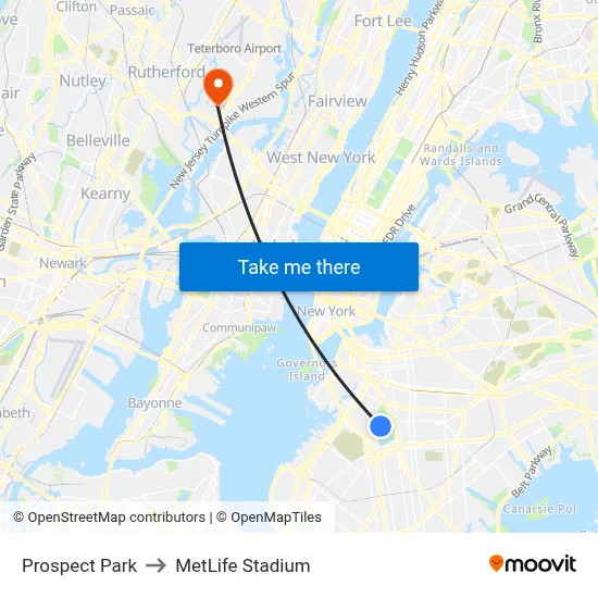 Prospect Park to MetLife Stadium map
