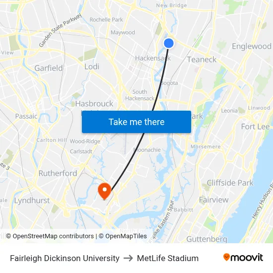 Fairleigh Dickinson University to MetLife Stadium map