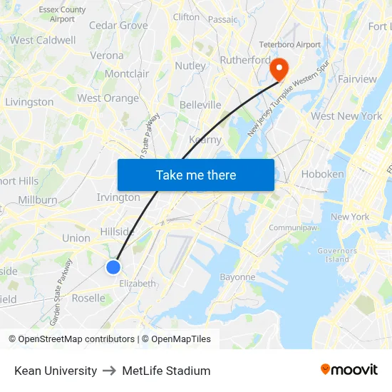Kean University to MetLife Stadium map