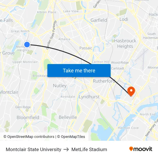Montclair State University to MetLife Stadium map