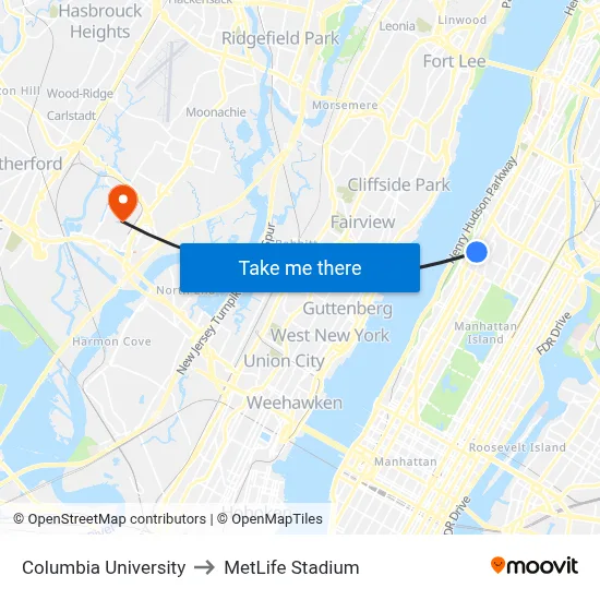 Columbia University to MetLife Stadium map