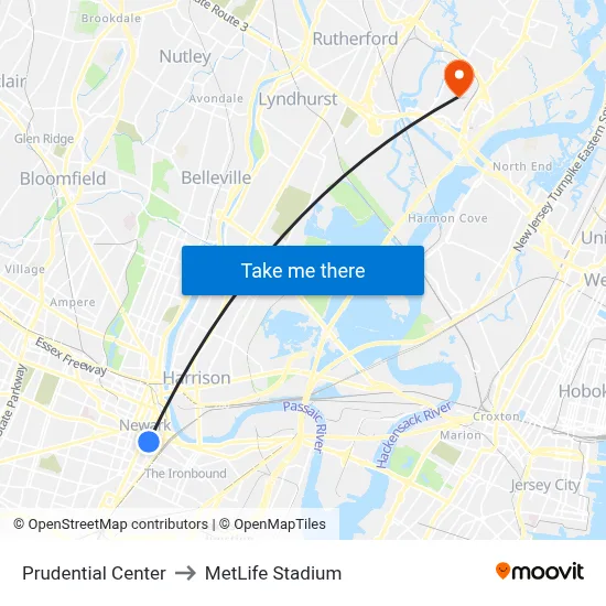 Prudential Center to MetLife Stadium map