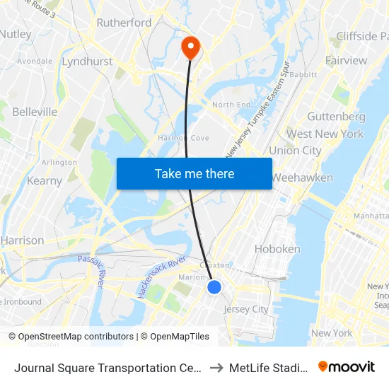 Journal Square Transportation Center to MetLife Stadium map