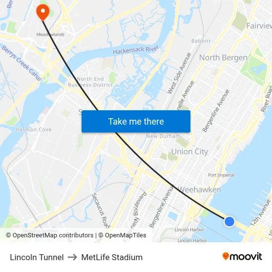 Lincoln Tunnel to MetLife Stadium map