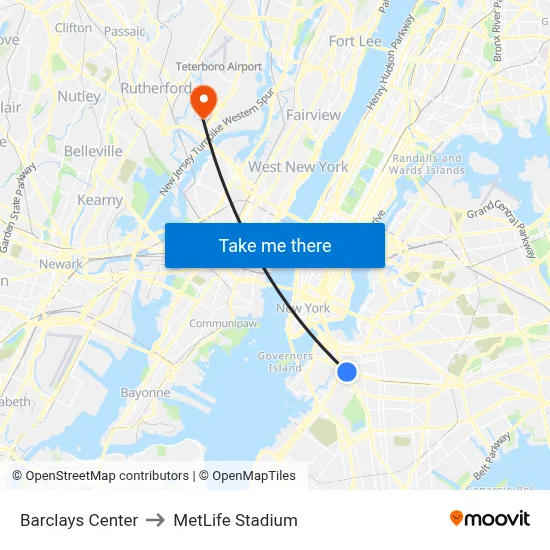Barclays Center to MetLife Stadium map