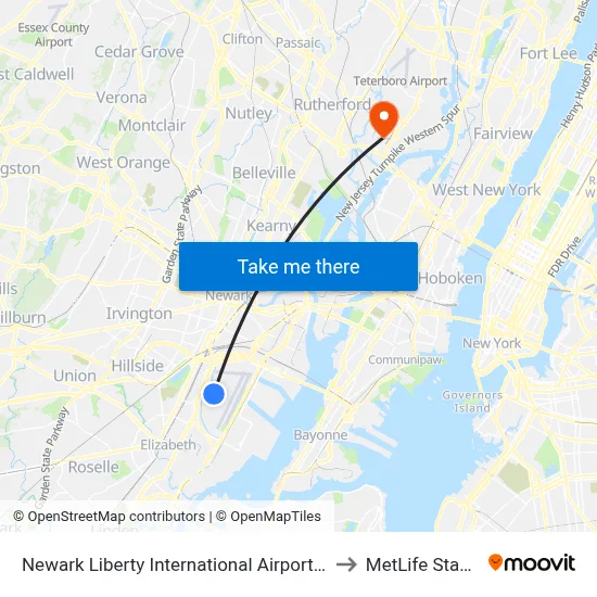 Newark Liberty International Airport Marriott to MetLife Stadium map