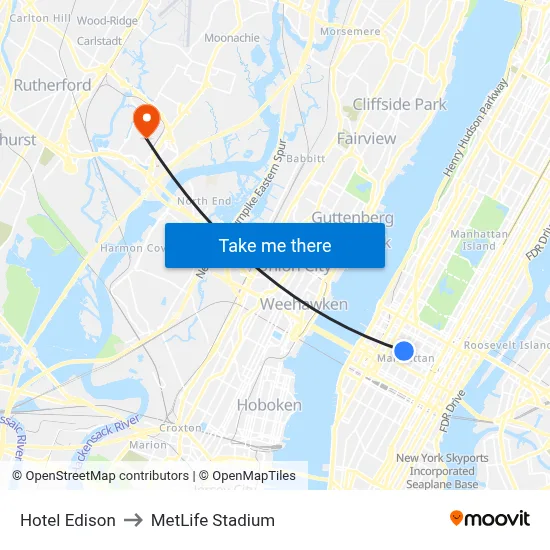 Hotel Edison to MetLife Stadium map