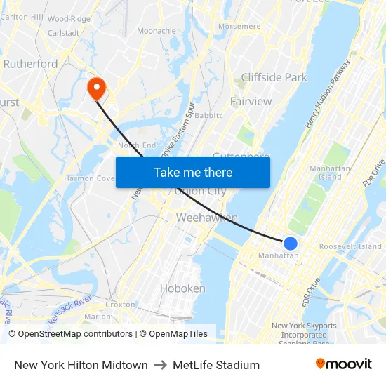 New York Hilton Midtown to MetLife Stadium map
