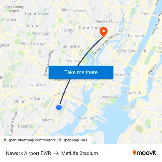 Newark Airport EWR to MetLife Stadium map
