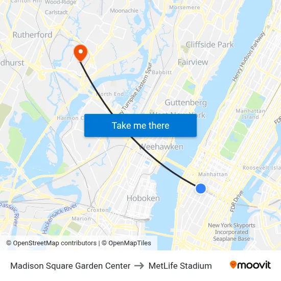 Madison Square Garden Center to MetLife Stadium map