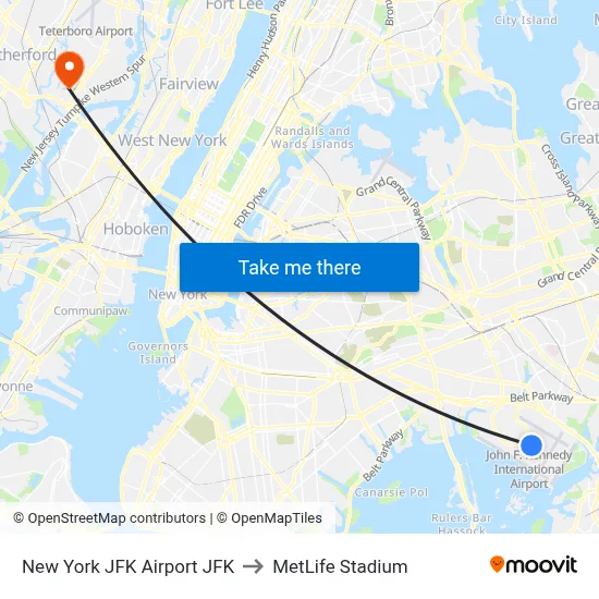 New York JFK Airport JFK to MetLife Stadium map