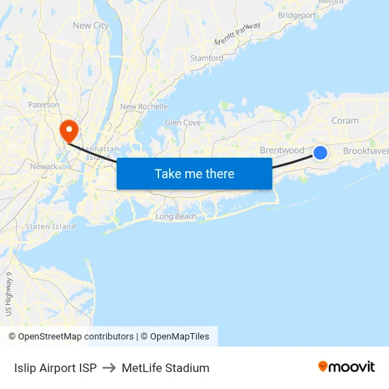 Islip Airport ISP to MetLife Stadium map